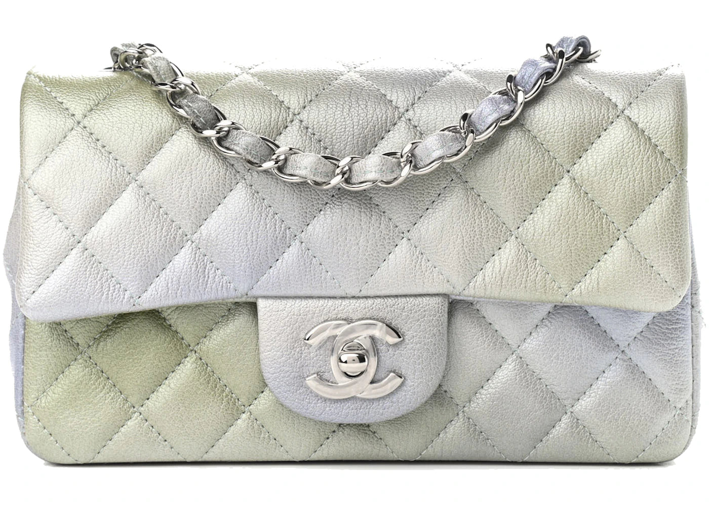 Chanel Mini-Tasche, rechteckig, gesteppt, mit Überschlag, Metallic-Grau/Grün - vue 360