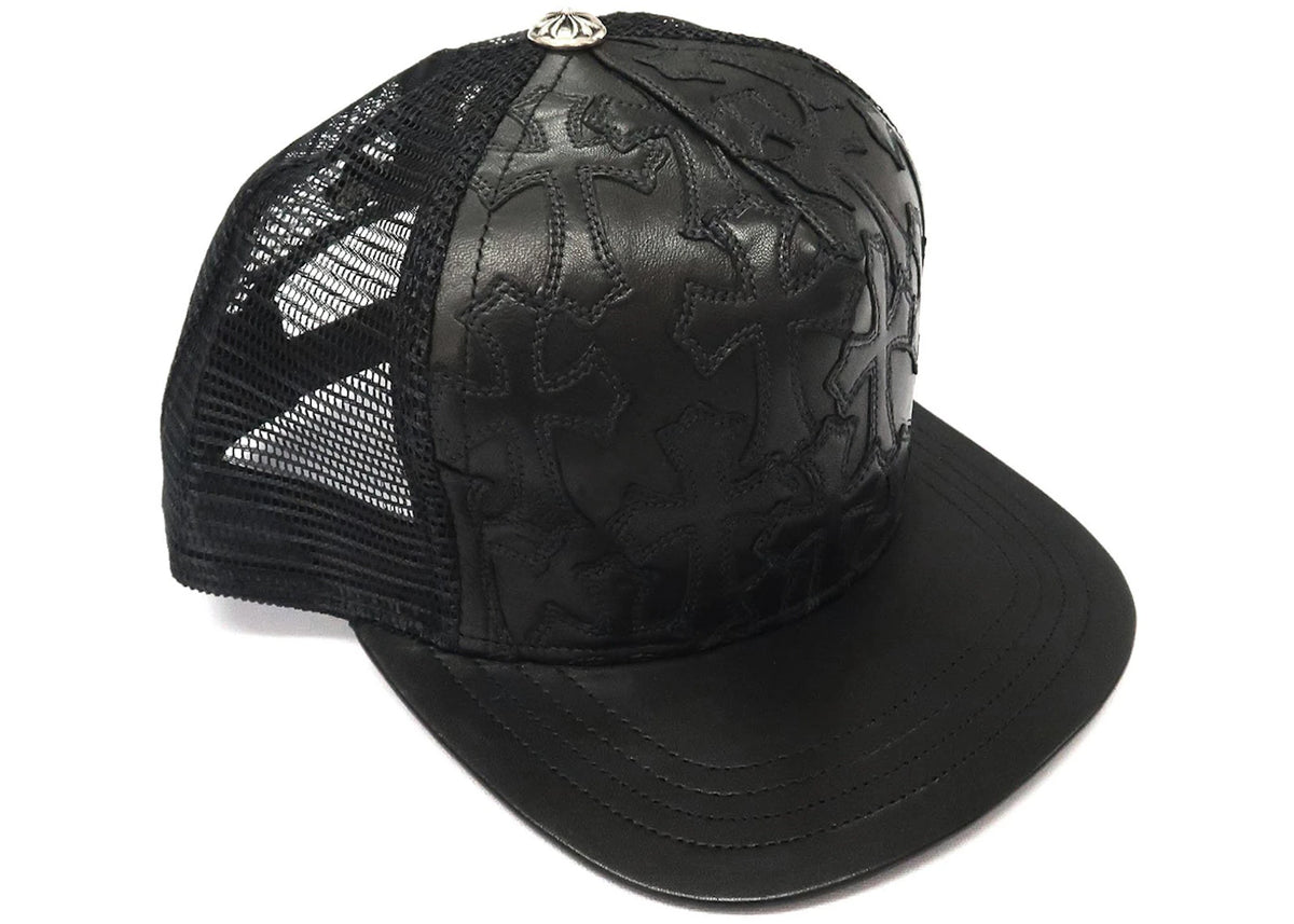 Chrome Hearts Cemetary Cross Trucker Hat aus Leder mit Naht, Schwarz - vue secondaire A