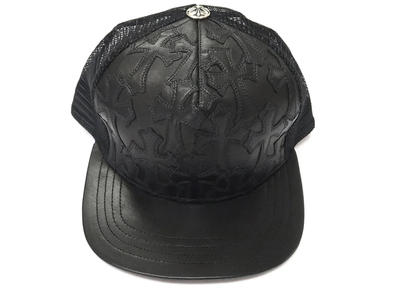 Chrome Hearts Cemetary Cross Trucker Hat aus Leder mit Naht, Schwarz - vue 360