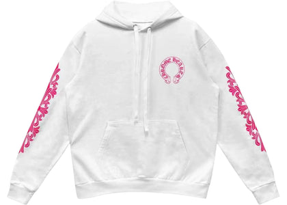 Chrome Hearts Pink Horseshoe Floral Sleeve Pullover Hoodie White - authentic Chrome Hearts apparel