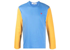 Comme des Garcons Play Embroidered Logo Colour Blocked Long Sleeve Tee Blue/Yellow - vue 360