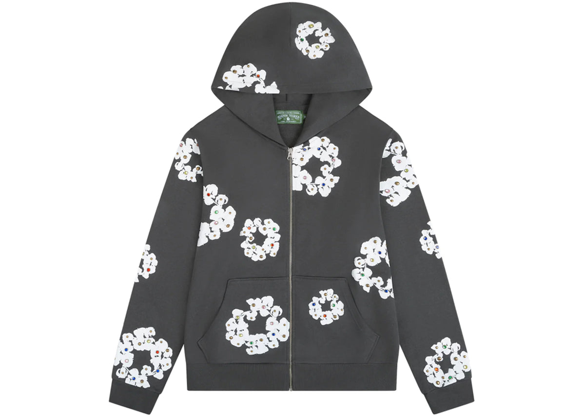 Denim Tears Rhinestone Cotton Wreath Zip Hoodie Vintage Black - vue 360