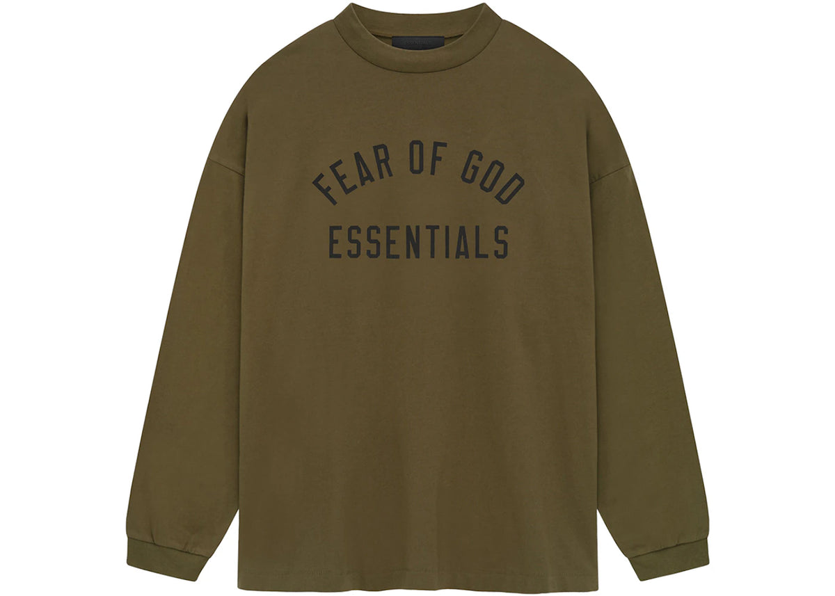 Fear of God Essentials Jersey Long Sleeve Tee Olive - vue 360