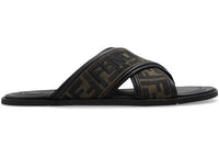Fendi FF Motif Fabric Slide Embroidered Logo Tobacco