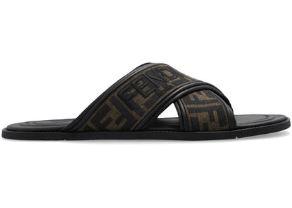 Fendi FF Motif Fabric Slide Embroidered Logo Tobacco - authentic Fendi sneakers
