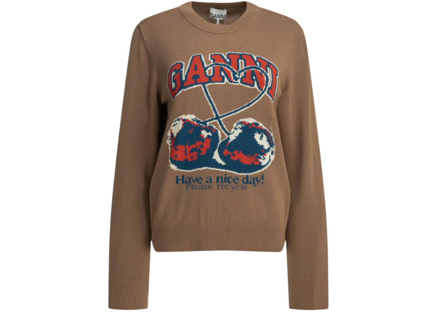 Ganni Cherry Crewneck Sweater Brown - vue 360