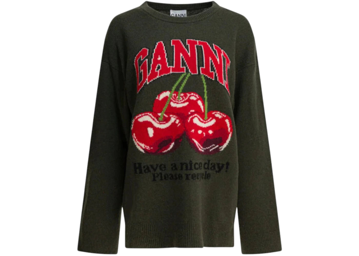 Ganni Wool-Blend Crewneck Sweater Green - vue secondaire A