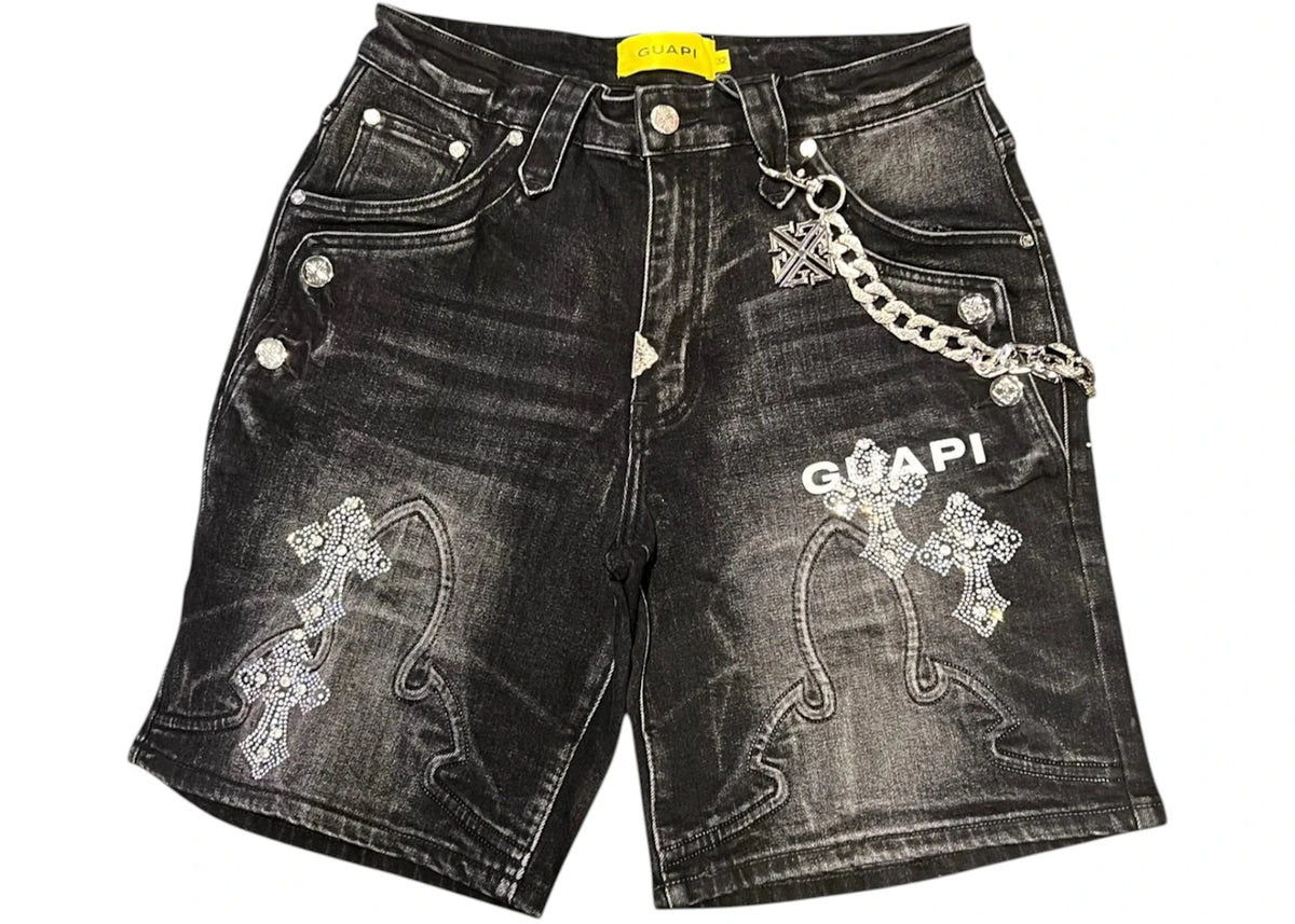 Guapi Obsidian Black Faded Cross Denim Shorts Black - vue secondaire A