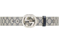 Gucci Interlocking G Palladium Buckle Belt GG Supreme 1.5"W Beige/Blue