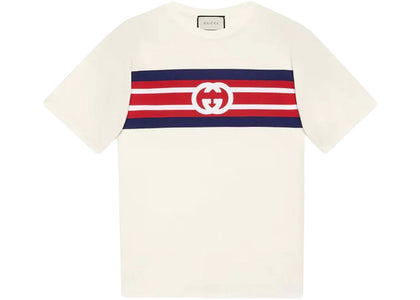 Gucci Interlocking G Striped T-shirt Ivory/Navy/Red - authentic Gucci apparel