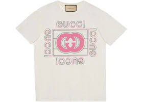 Gucci Women's Oversized Vintage Logo Print T-Shirt Off White/Pink/Green