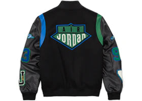 Jordan x Aleali May Varsity Jacket Black Game Royal Pine Green - vue 360