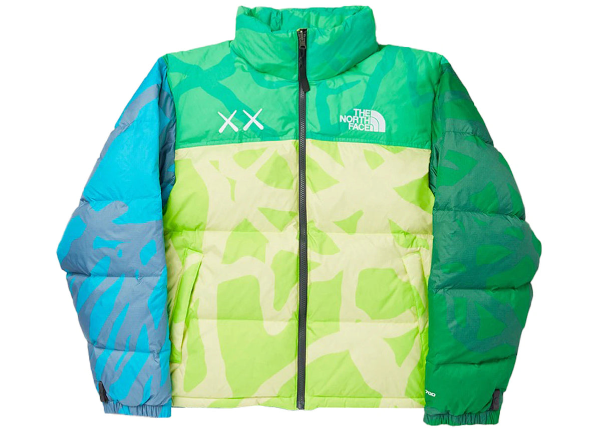 KAWS x The North Face Youth Retro 1996 Nuptse Jacket KW Safety Green Nuptse Print - vue 360