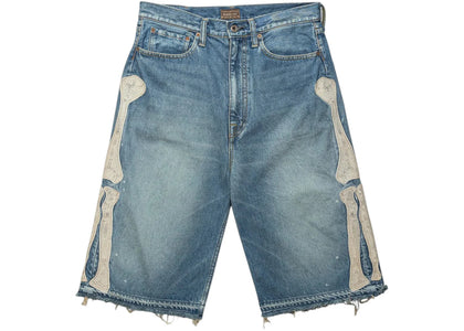 Kapital 14 Oz Denim 5P Bone Embroidery Shorts Light Indigo - authentic Kapital apparel