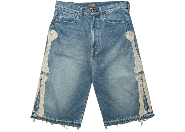 Kapital 14 Oz Denim 5P Bone Embroidery Shorts Light Indigo