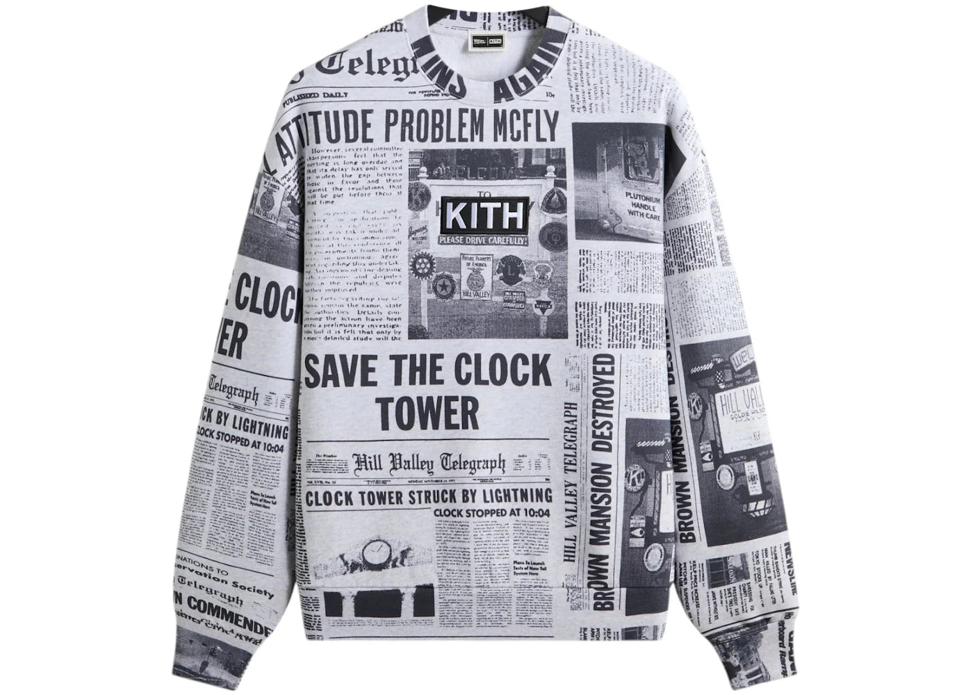 Kith x Back to the Future Newspaper All-Over Printed Nelson Crewneck Light Heather Grey - vue 360