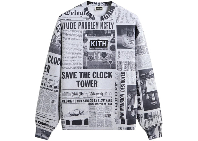 Kith x Back to the Future Newspaper All-Over Printed Nelson Crewneck Light Heather Grey