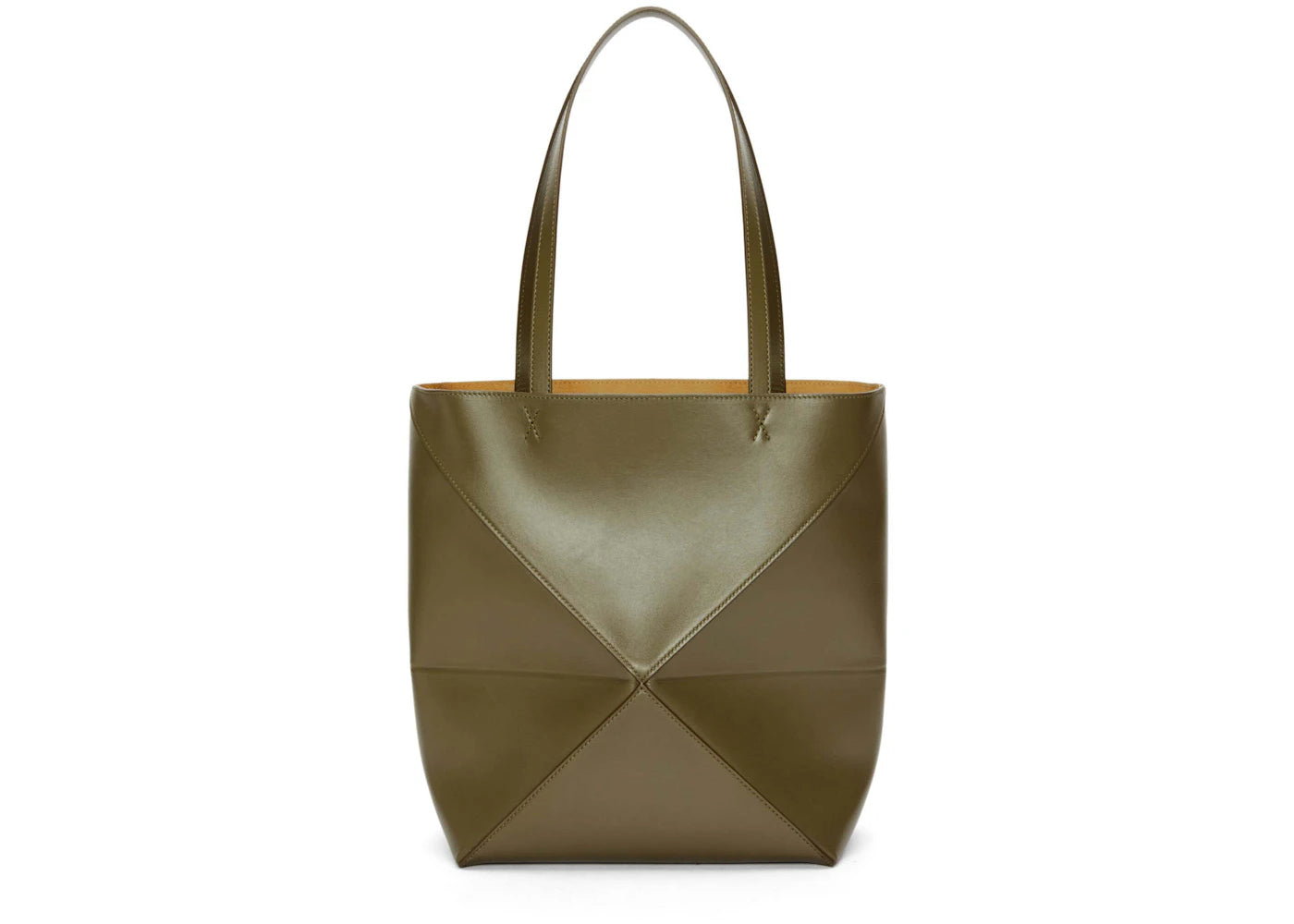 LOEWE Medium Puzzle Fold Tote in Shiny Calfskin Dark Khaki Green - vue secondaire A