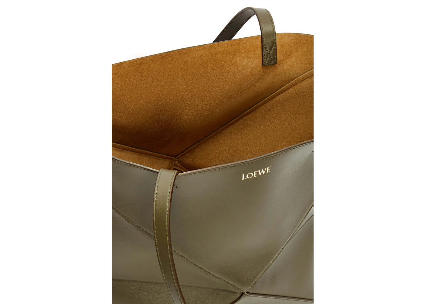 LOEWE Medium Puzzle Fold Tote in Shiny Calfskin Dark Khaki Green - vue secondaire B
