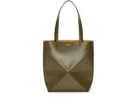LOEWE Puzzle Fold Tote in Shiny Calfskin Dark Khaki Green