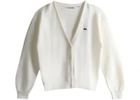 Lacoste Women's V Neck Moss Stitch Cotton Cardigan Flour White