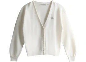 Lacoste Women's V Neck Moss Stitch Cotton Cardigan Flour White