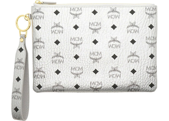 MCM Visetos Logo Wristlet Clutch With Pouch Silver