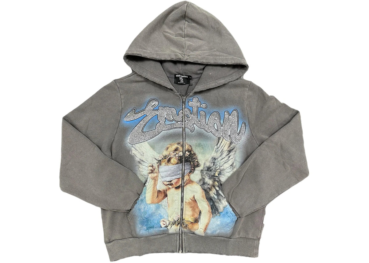 Mixed Emotion Rhinestone Hoodie Grey - vue 360