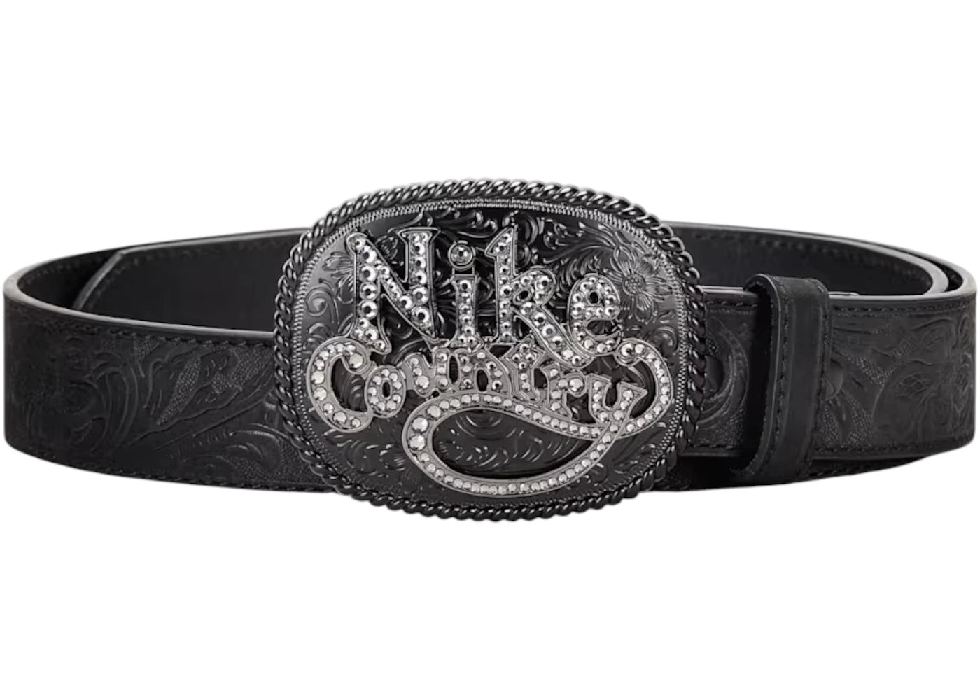 Nike Country Rhinestone Plaque Buckle Embossed Leather Belt Black - vue secondaire A