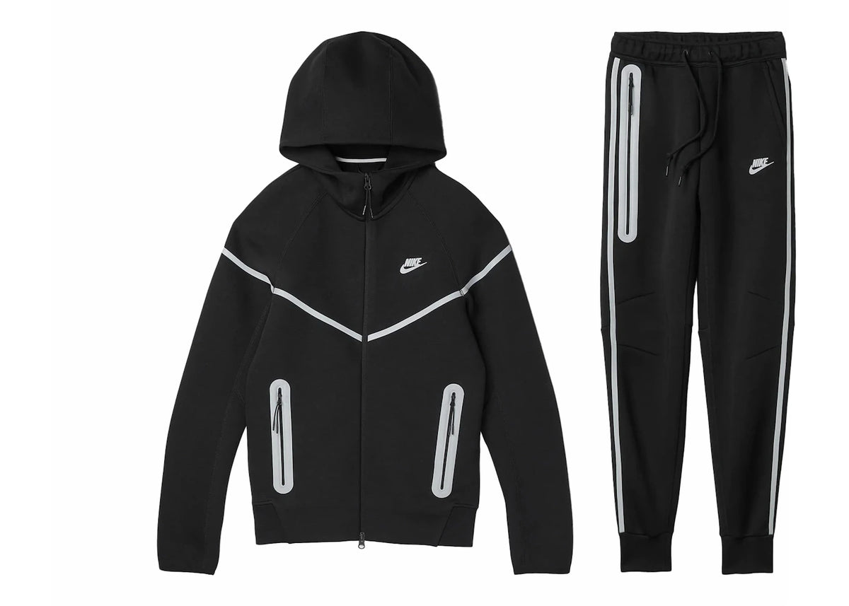 Nike Sportswear Tech Fleece Hoodie mit durchgehendem Reißverschluss &amp; Jogginghose mit reflektierenden Details, Set Schwarz/Bemis Silber - vue 360