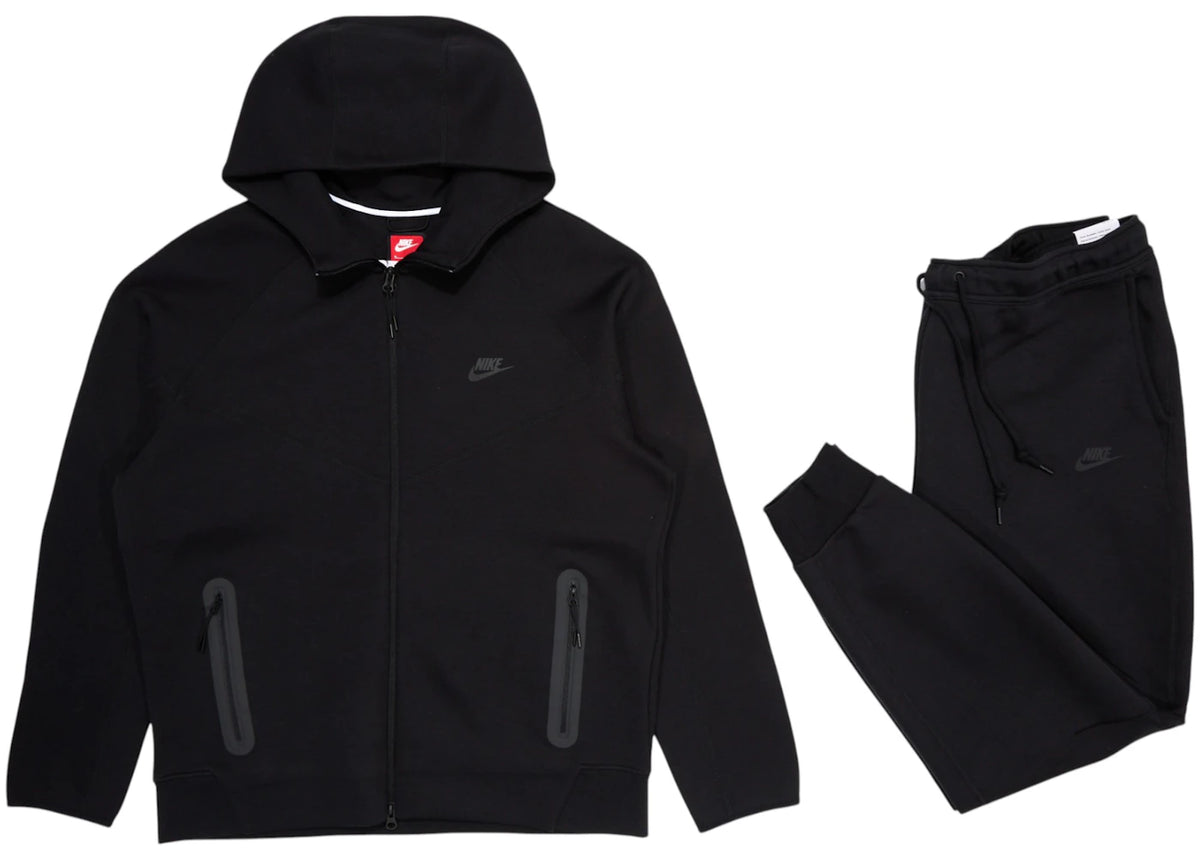 Nike Sportswear Tech Fleece Hoodie mit durchgehendem Reißverschluss &amp; Jogginghose Set Schwarz/Schwarz - vue 360