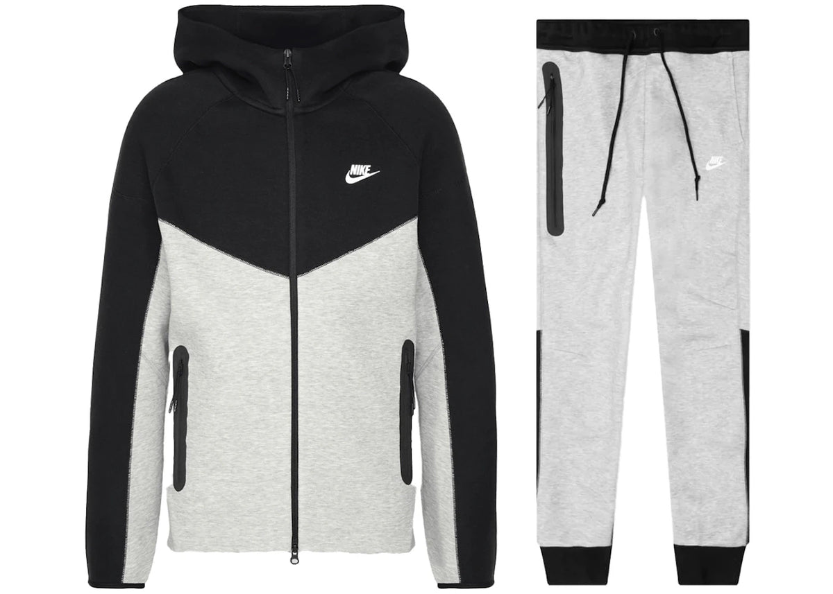 Nike Sportswear Tech Fleece Windrunner Hoodie und Jogginghose mit durchgehendem Reißverschluss, Dunkelgrau meliert/Schwarz/Weiß - vue 360