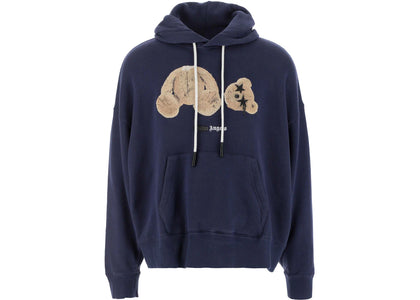Palm Angels Bear Print Sprayed Logo Hoodie Navy Blue/Brown - apparel view 2