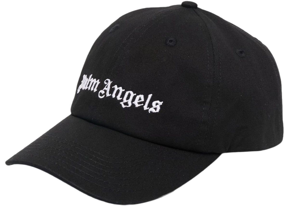 Palm Angels Embroidered Gothic Intarsia Logo Strap-Back Cap Black/White (SS22) - vue 360