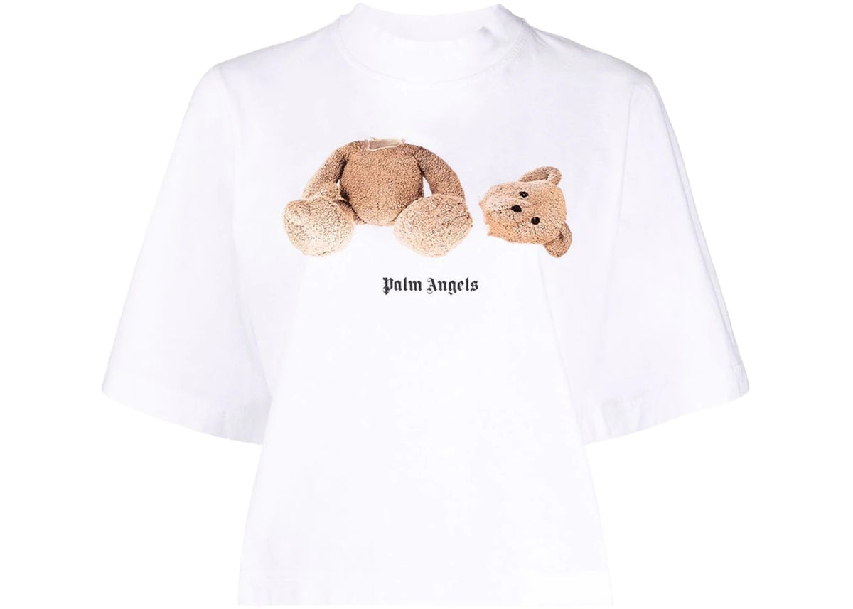 Palm Angels Womens Bear Cropped T-Shirt White/Brown - vue secondaire A