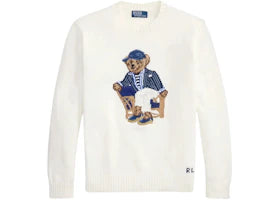 Polo Ralph Lauren Long-Sleeve Linen Cotton Novelty Newport Bear Crewneck Sweater Deckwash White