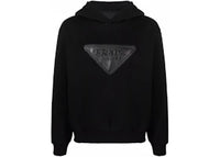 Prada Logo Leather Patch Hoodie Black