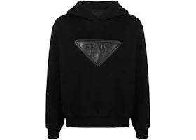 Prada Logo Leather Patch Hoodie Black