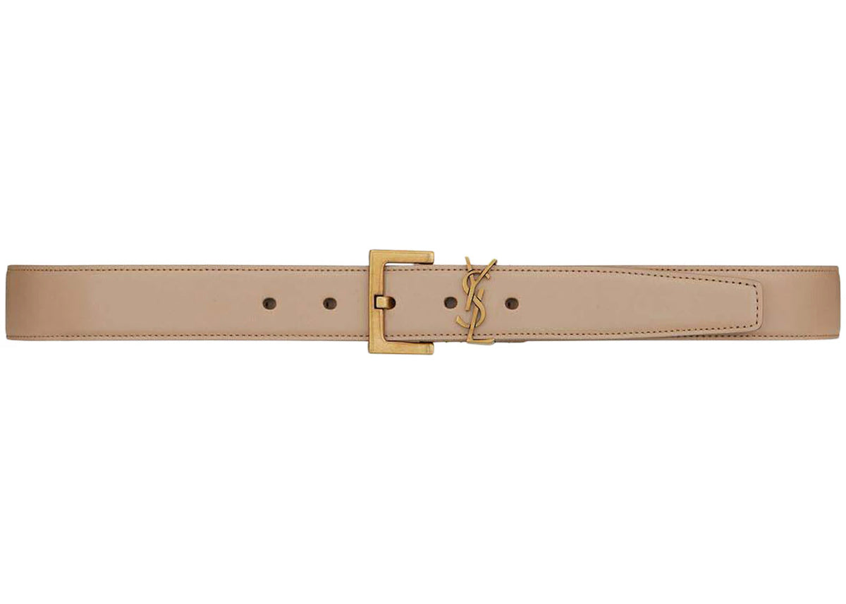 Saint Laurent Cassandre Belt With Square Buckle In Shiny Box Saint Laurent Leather Dark Beige - vue 360
