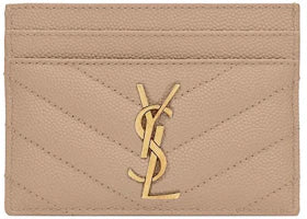 Saint Laurent Cassandre Matelasse Card Case in Grain De Poudre Embossed Leather Dark Beige - vue 360