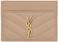 Saint Laurent Cassandre Matelasse Card Case in Grain De Poudre Embossed Leather Dark Beige