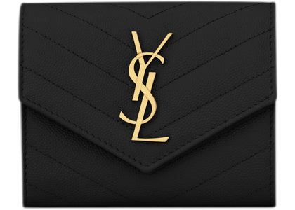 Saint Laurent Cassandre Matelasse Compact Tri Fold Wallet in Grain De Leahter Poudre Black - authentic Saint Laurent product