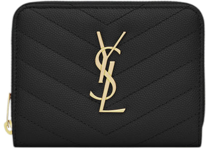 Saint Laurent Cassandre Matelasse Compact Zip Around in Grain De Poudre Leather Wallet Black - authentic Saint Laurent pro...