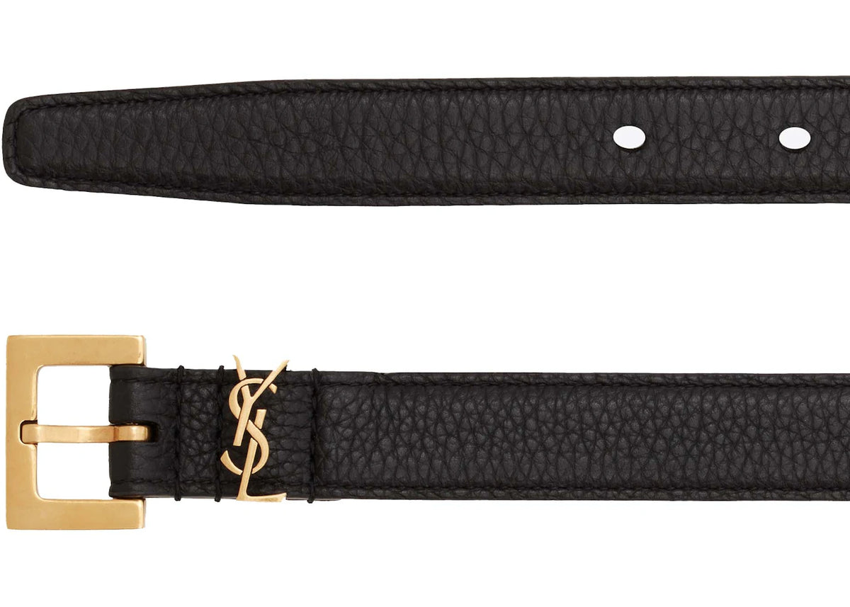 Saint Laurent Cassandre Thin Belt with Square Buckle in Grained Leather Black - vue secondaire B