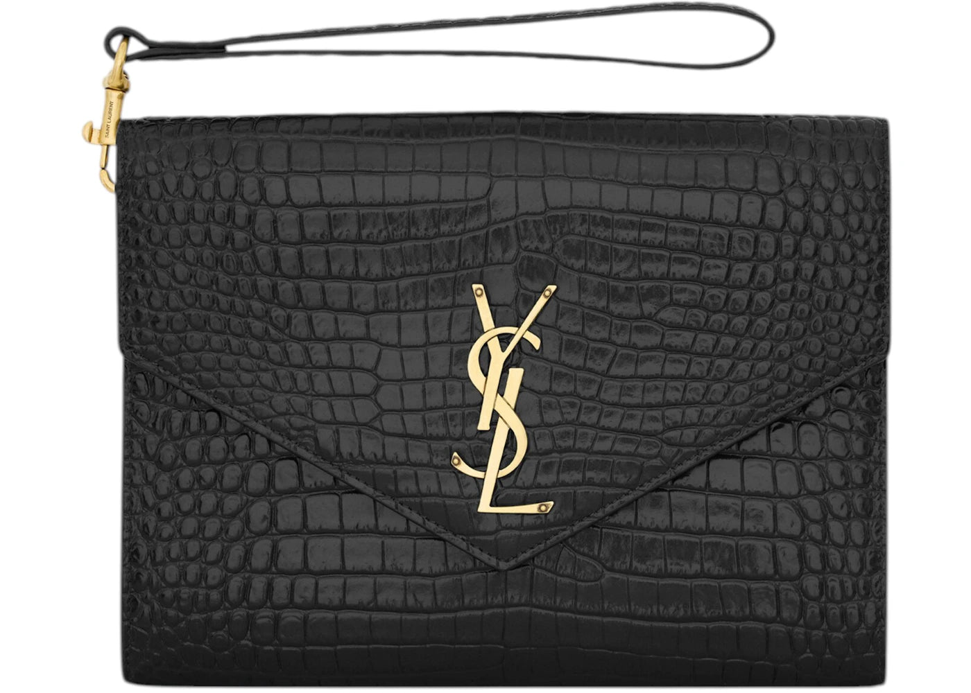 Saint Laurent Crocodile-embossed Shiny Leather Cassandre Flap Pouch Black - vue 360