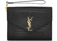 Saint Laurent Crocodile-embossed Shiny Leather Cassandre Flap Pouch Black
