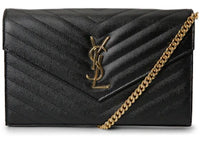 Saint Laurent Monogram Chain Wallet Matelasse Grain de Poudre Gold-tone Black