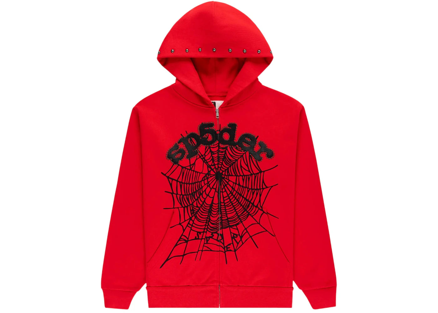 Sp5der OG Web Studded Zip Hoodie Red - vue 360