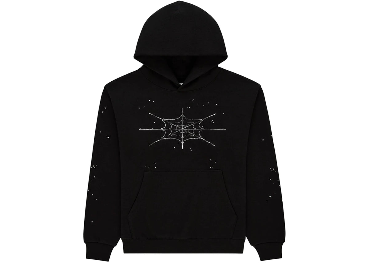 Sp5der Rhinestone Silk Hoodie Black - vue secondaire A