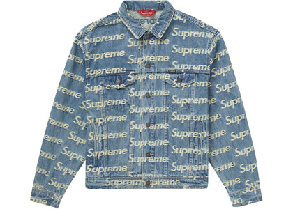 Supreme Frayed Logos Denim Trucker Jacket Blue - apparel view 2